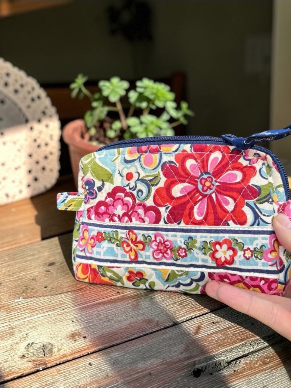 Vera Bradley Quilted Floral Zip Pouch in Red, Pink & Blue